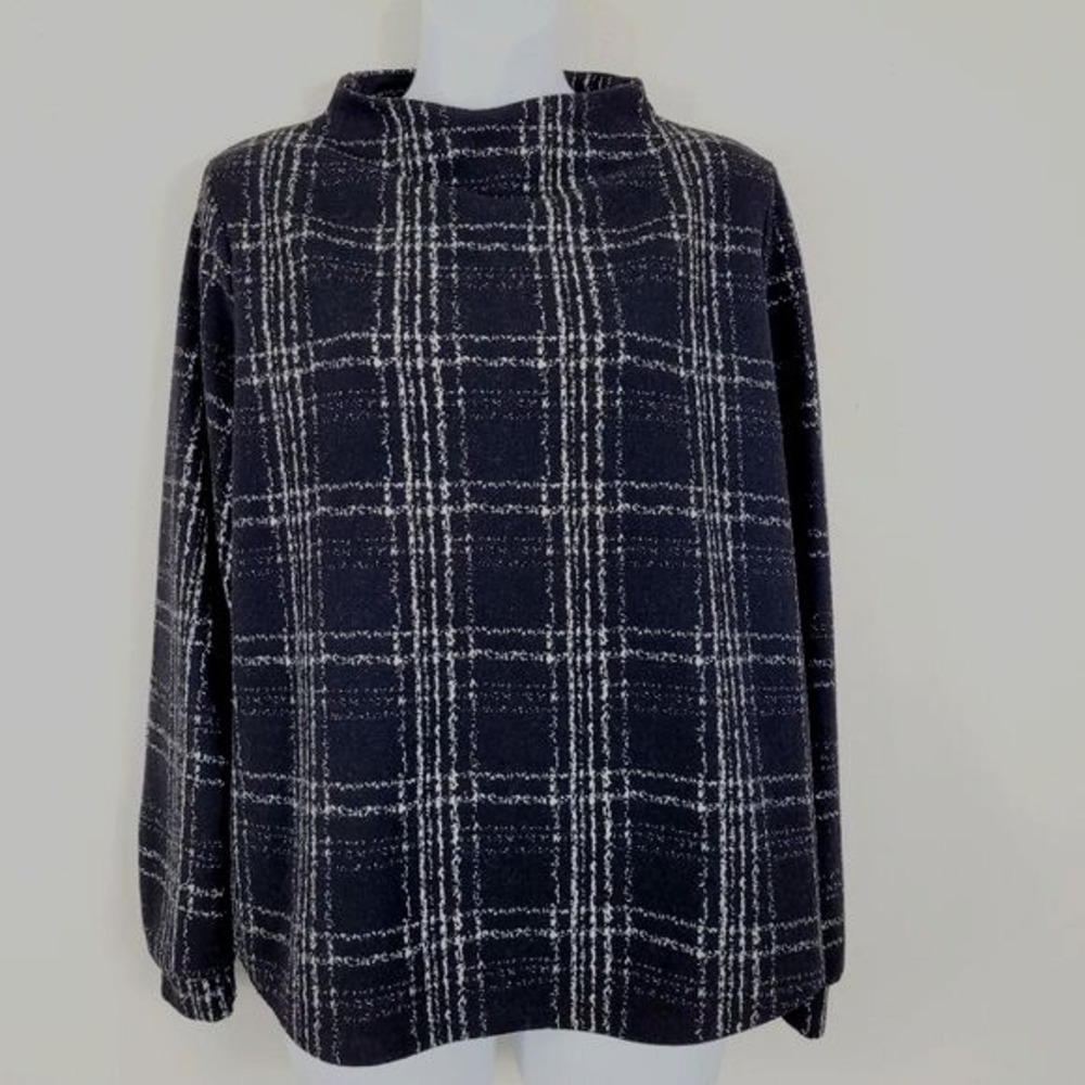W5 Plaid Mock Neck Top Women Medium Black‎ White Long Sleeve Zip Back Blouse